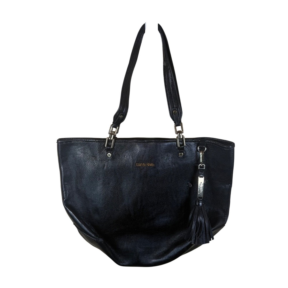 Calvin Klein Tote Bag Women Large Black Pebbled Gold Hardware Tassel Shoulder